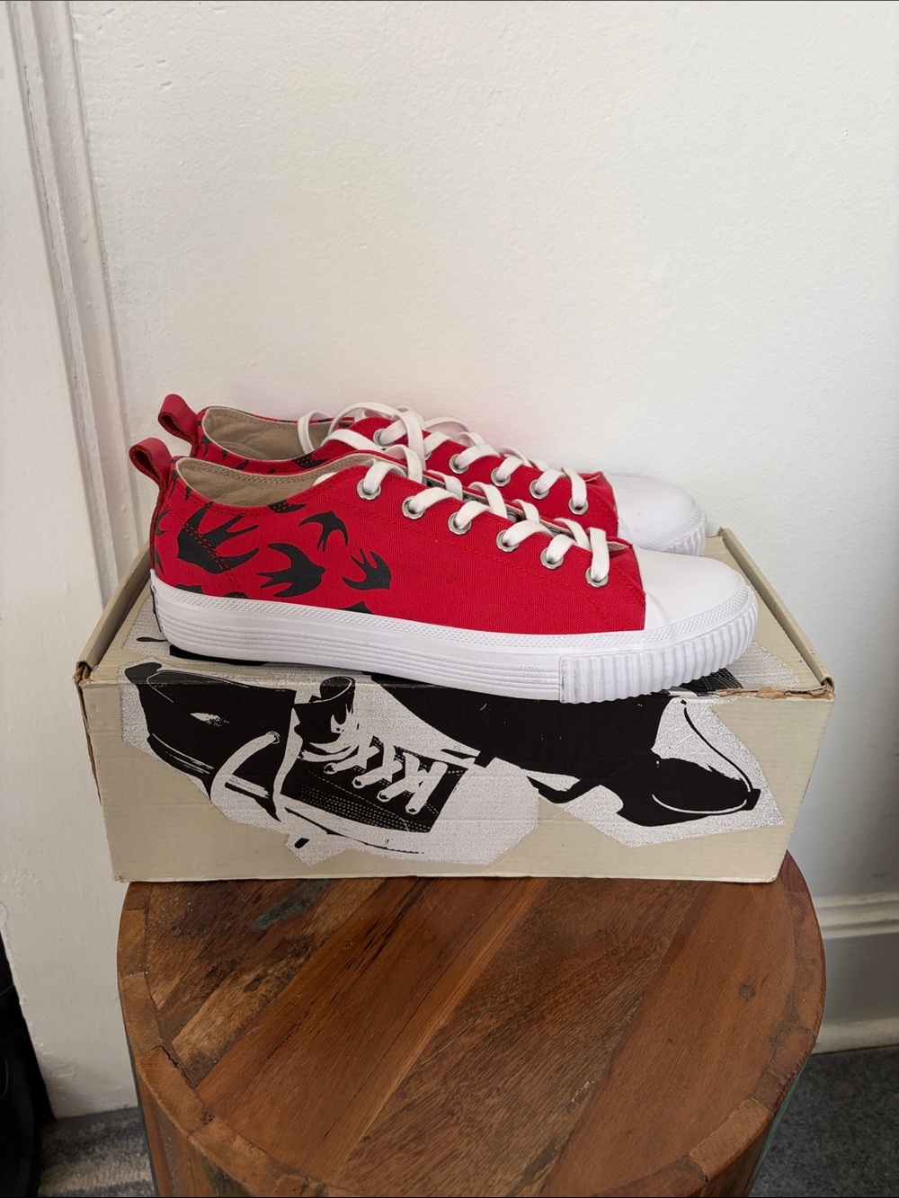 Alexander McQueen Low-Top Canvas Sneakers with Black Swallow Design 8 1/2